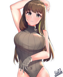 Rule 34 | 1girl, absurdres, arm behind head, blush, breasts, brown hair, closed mouth, feet out of frame, girls&#039; frontline, gloves, grey eyes, grey gloves, grey sweater vest, highres, kaicchi, large breasts, leotard, long hair, looking at viewer, m4a1 (girls&#039; frontline), multicolored hair, simple background, solo, standing, sweater vest, white background