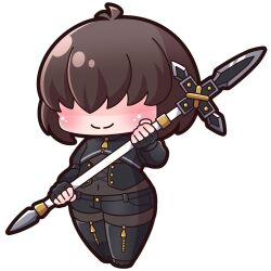 Rule 34 | 1girl, absurdres, black footwear, black gloves, black shorts, blush, bodystocking, boots, brown hair, chibi, closed mouth, commentary request, covered navel, facing viewer, fingerless gloves, full body, gloves, hair over eyes, highres, holding, holding polearm, holding weapon, long sleeves, original, polearm, puffy long sleeves, puffy sleeves, saishosaisekojo, shorts, shrug (clothing), simple background, smile, solo, standing, thigh boots, weapon, weapon request, white background