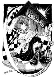 Rule 34 | 1girl, apron, book, boots, character name, checkered clothes, checkered kimono, cross-laced footwear, crossed legs, dated, greyscale, hair between eyes, heran hei mao, japanese clothes, kimono, lace-up boots, long sleeves, looking at viewer, monochrome, motoori kosuzu, no smoking, short hair, smile, solo, touhou, translation request