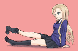 Rule 34 | 10s, 1girl, arm support, bc freedom school uniform, black skirt, black socks, blonde hair, blue necktie, blue sweater, cardigan, closed mouth, commentary, diagonal stripes, dress shirt, drill hair, from side, full body, girls und panzer, green eyes, kneehighs, kneehighs pull, leg up, light frown, long hair, long sleeves, marie (girls und panzer), miniskirt, mutsu (layergreen), necktie, pink background, pleated skirt, red necktie, school uniform, shirt, simple background, sitting, skirt, socks, solo, striped necktie, striped neckwear, sweater, white shirt, wing collar