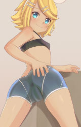 Rule 34 | 1girl, :3, aruman, bad id, bad pixiv id, black tank top, blonde hair, blue eyes, blue shorts, bow, brown background, cameltoe, commentary, crop top, from behind, hair bow, hair ornament, hair ribbon, hairclip, hand on own ass, highres, kagamine rin, leaning forward, looking at viewer, looking back, ribbon, short shorts, shorts, simple background, skin tight, smile, solo, swept bangs, tank top, vocaloid, white ribbon