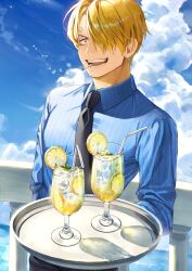 Rule 34 | 1boy, :d, absurdres, blonde hair, blue eyes, blue shirt, blue sky, cigarette, cup, curly eyebrows, drink, drinking glass, drinking straw, facial hair, food, fruit, hair over one eye, highres, holding, holding drink, holding tray, lemon, lemon slice, male focus, necktie, one piece, open mouth, railing, sanji (one piece), shirt, short hair, sky, smile, soda, solo, tray, yoshiyoshiwa
