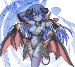 Rule 34 | 1girl, armor, astaroth (shinrabanshou), black sclera, blue skin, blush, breasts, center opening, colored sclera, colored skin, demon girl, earrings, elbow gloves, gloves, heart, horns, jewelry, large breasts, long hair, one-piece swimsuit, pointy ears, shinrabanshou, solo, spikes, swimsuit, tail, takaku toshihiko, thighhighs, wings, wink, zoom layer
