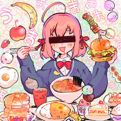 Rule 34 | 1girl, :3, ahoge, apple, aruko okara, banana, bar censor, bird, blue cardigan, blush stickers, bow, bowtie, burger, cake, cake slice, cardigan, censored, chopsticks, collared shirt, curry, drooling, duck, egg (food), food, french fries, fruit, hair between eyes, hair bow, hikimayu, holding, holding chopsticks, holding food, ice cream, identity censor, indie virtual youtuber, long sleeves, low twintails, luna 11777, macaron, mouth drool, multicolored background, noodles, open mouth, pancake, pancake stack, pink hair, ramen, red bow, red bowtie, rice, shirt, short eyebrows, short twintails, skewer, smile, solo, strawberry, thick eyebrows, tokumei radio, twintails, virtual youtuber, white shirt