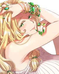 Rule 34 | 1girl, armpits, bare shoulders, blonde hair, blush, bracelet, breasts, eyelashes, fate/grand order, fate (series), gem, green eyes, green gemstone, green nails, hair ornament, highres, jewelry, large breasts, nail polish, quetzalcoatl (fate), ring, simple background, sleeveless, sleeveless sweater, smile, solo, sweat, sweater, white background, yukataro