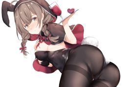 Rule 34 | 1girl, adapted costume, alcohol, animal ears, ass, black capelet, black leotard, black pantyhose, braid, breasts, brown eyes, brown hair, capelet, cowboy shot, cup, drinking glass, fake animal ears, highres, hood, hooded capelet, kantai collection, large breasts, leotard, long hair, miyasaka miyabi, pantyhose, playboy bunny, rabbit ears, rabbit tail, shinshuu maru (kancolle), simple background, solo, strapless, strapless leotard, tail, thighband pantyhose, tray, twin braids, white background, wine, wine glass