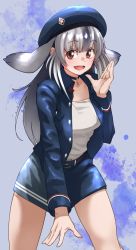 Rule 34 | 1girl, :d, alternate costume, animal ears, bearded seal (kemono friends), belt, blue jacket, brown eyes, choker, eyes visible through hair, grey hair, hat, highres, jacket, kemono friends, long hair, long sleeves, looking at viewer, multicolored hair, open mouth, shirt, smile, solo, tanabe (fueisei), white shirt