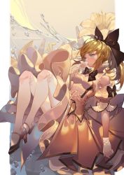 Rule 34 | 1girl, ahoge, armor, armored dress, artoria pendragon (all), artoria pendragon (fate), blonde hair, bow, copyright name, detached sleeves, dress, fate/grand order, fate/unlimited codes, fate (series), flower, frilled dress, frills, gloves, green eyes, hair bow, high heels, lily (flower), orangesekaii, ponytail, saber lily, solo, watermark, white legwear
