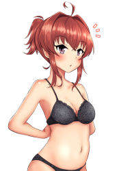 Rule 34 | 1girl, ahoge, arashi (kancolle), black bra, black panties, bra, breasts, hair intakes, haoto (arnica leaf), highres, kantai collection, messy hair, navel, panties, ponytail, purple eyes, red hair, short ponytail, simple background, small breasts, solo, underwear, underwear only, upper body, white background