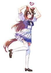 Rule 34 | 1girl, animal ears, arms up, bad id, bow, bowtie, brown footwear, commentary request, full body, heart, heart arms, highres, horse ears, horse girl, horse tail, horseshoe ornament, loafers, long hair, pleated skirt, puffy short sleeves, puffy sleeves, purin jiisan, purple shirt, sailor collar, sailor shirt, school uniform, serafuku, shirt, shoes, short sleeves, simple background, skirt, solo, standing, standing on one leg, summer uniform, symboli rudolf (umamusume), tachi-e, tail, thighhighs, tracen school uniform, umamusume, white background, white skirt, white thighhighs, zettai ryouiki