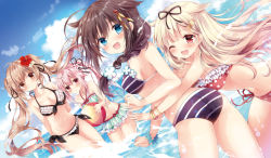 Rule 34 | 10s, 4girls, :d, ;d, ahoge, ass, bikini, black hair, black ribbon, blonde hair, blue hair, cloud, cloudy sky, day, dutch angle, fang, gradient hair, hair flaps, hair ornament, hair ribbon, harusame (kancolle), kantai collection, long hair, multicolored hair, multiple girls, murasame (kancolle), nogi takayoshi, one eye closed, open mouth, outdoors, pink hair, red eyes, remodel (kantai collection), ribbon, shigure (kancolle), short hair, side ponytail, sky, smile, swimsuit, twintails, water, yuudachi (kancolle)