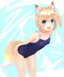 Rule 34 | 1girl, :d, animal ear fluff, animal ears, aqua eyes, artist name, blonde hair, blue background, blue eyes, competition school swimsuit, fox ears, fox tail, highres, looking at viewer, one-piece swimsuit, open mouth, original, school swimsuit, short hair, signature, smile, sogaya, solo, swimsuit, tail