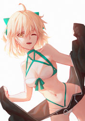 Rule 34 | 1girl, ;d, ahoge, bikini, blonde hair, bow, breasts, choker, cleavage, collarbone, dutch angle, fate/grand order, fate (series), green bow, hair bow, looking at viewer, medium breasts, multi-strapped bikini, navel, okita j. souji (fate), okita j. souji (third ascension) (fate), okita souji (fate), okita souji (koha-ace), one eye closed, open mouth, short hair, simple background, smile, solo, standing, swimsuit, white background, white bikini, whitem (whiteemperor2020), yellow eyes