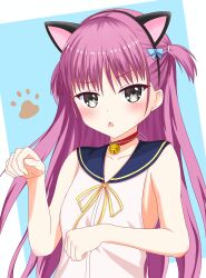 Rule 34 | 1230 mochi, 1girl, :&lt;, absurdres, animal ears, aqua bow, bare arms, bell, black hairband, blue sailor collar, blush, border, bow, cat day, cat ears, chestnut mouth, choker, collarbone, commentary request, dress, fake animal ears, frown, grey eyes, hair bow, hairband, hands up, highres, jingle bell, katou umi, blue background, long hair, looking at viewer, neck bell, open mouth, paw pose, paw print, purple hair, red choker, ribbon, sailor collar, sailor dress, simple background, sleeveless, sleeveless dress, solo, summer pockets, tsurime, two side up, upper body, v-shaped eyebrows, very long hair, white border, white dress, yellow ribbon