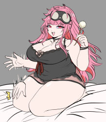 Rule 34 | 1girl, breasts, cleavage, fat, fingernails, hololive, hololive english, large breasts, long hair, looking at viewer, mori calliope, motion lines, nightwear, open mouth, peagade, pink eyes, pink hair, plump, sitting, solo, thick thighs, thighs, virtual youtuber, wide hips