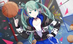 Rule 34 | 1girl, absurdres, ball, basketball, basketball (object), basketball court, basketball hoop, blue eyes, blue hair, blush, chain, choker, clothes writing, double bun, earrings, fence, frills, graffiti, grin, hair bun, hair rings, hand on own hip, hand up, hatsune miku, highres, hood, hoodie, hoop earrings, index finger raised, jewelry, keshikasu9, long hair, looking at viewer, motion blur, nail polish, official style, partially unzipped, print hoodie, project sekai, see-through, see-through sleeves, skirt, smile, solo, spinning, swept bangs, tank top, twintails, v-shaped eyebrows, very long hair, vivid bad squad (project sekai), vivid bad squad miku, vocaloid