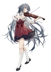 Rule 34 | 1girl, absurdres, bad id, bad lofter id, black footwear, black hair, chinese clothes, closed mouth, fu hua, fu hua (herrscher of sentience), highres, holding, holding instrument, holding violin, honkai (series), honkai impact 3rd, instrument, long hair, long sleeves, qqqne, red eyes, red skirt, shirt, shoes, simple background, skirt, solo, violin, white background, white legwear, white shirt