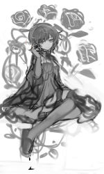 Rule 34 | 1girl, absurdres, bags under eyes, closed mouth, facing away, flower, fuepo, greyscale, half-closed eyes, hand up, highres, komeiji satori, monochrome, rose, short hair, simple background, sitting, slippers, solo, touhou, white background