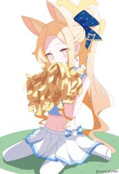 Rule 34 | 1girl, absurdres, animal ear fluff, animal ears, blonde hair, blue archive, blush, cheerleader, extra ears, fox ears, halo, highres, holding, holding pom poms, long hair, looking at viewer, murasame (sword of nmkr), navel, pantyhose, pleated skirt, pom pom (cheerleading), pom poms, seia (blue archive), simple background, skirt, solo, twitter username, white background, white pantyhose, white skirt, yellow eyes, yellow halo