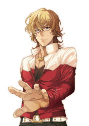Rule 34 | 10s, 1boy, barnaby brooks jr., belt, blonde hair, blue eyes, glasses, jacket, jewelry, male focus, necklace, outstretched hand, red jacket, simple background, solo, studded belt, tiger &amp; bunny, tomozo kaoru, white background