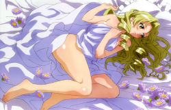 Rule 34 | 00s, 1girl, absurdres, barefoot, bed, bed sheet, blonde hair, breasts, competition swimsuit, covering privates, drill hair, feet, flower, highres, legs, long hair, naked sheet, non-web source, nude, official art, one-piece swimsuit, pillow, sideboob, solo, swimsuit, tenjouin saki, to love-ru, topless, yellow eyes