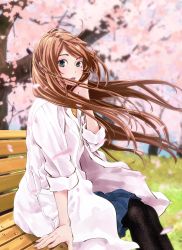Rule 34 | 1girl, amakasu an, bench, black pantyhose, blurry, blurry background, brown hair, cherry blossoms, highres, lab coat, long hair, mori taishi, official art, pantyhose, radiation house, sitting, solo, wavy hair
