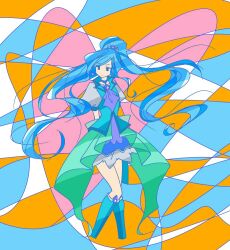 Rule 34 | 1girl, aqua skirt, arms behind back, blue footwear, boots, cure fontaine, flat color, hair ornament, healin&#039; good precure, high-low skirt, knee boots, limited palette, long hair, looking to the side, no nose, precure, puffy sleeves, r2ndmix, sawaizumi chiyu, skirt, solo, standing