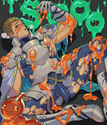 Rule 34 | 1boy, :3, :o, alternate muscle size, bara, blonde hair, bodysuit, covered penis, dungeon meshi, feet out of frame, half-erect, highres, koito beans, laios touden, large pectorals, looking at viewer, male focus, melting, milestone celebration, muscular, muscular male, nipples, pectorals, personification, sidepec, slime (substance), solo, spread legs, thick eyebrows, torn bodysuit, torn clothes, torogao, yellow eyes