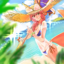 Rule 34 | 1girl, animal ear fluff, animal ears, artist request, beach umbrella, bikini, bikini under clothes, blue bikini, blush, breasts, cleavage, collarbone, commentary, commentary request, ears through headwear, fang, fate/extella, fate/extra, fate/grand order, fate (series), fox ears, fox girl, fox tail, hat, highres, large breasts, looking at viewer, ocean, parasol, pink hair, shirt, side-tie bikini bottom, solo, straw hat, swimsuit, tail, tamamo (fate), tamamo no mae (fate/extra), tamamo no mae (swimsuit lancer) (fate), tamamo no mae (swimsuit lancer) (second ascension) (fate), umbrella, wet, wet clothes, wet shirt, yellow eyes