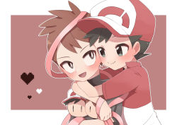 Rule 34 | 2boys, :d, absurdres, baseball cap, blush, border, brown background, brown eyes, brown hair, character doll, chase (pokemon), closed mouth, commentary request, creatures (company), game freak, hachi (hachi sin), happy, hat, heart, highres, hug, hug from behind, male focus, multiple boys, nintendo, open mouth, pokemon, pokemon lgpe, red headwear, red shirt, shirt, short hair, short sleeves, smile, spiked hair, tongue, trace (pokemon), white border, yaoi
