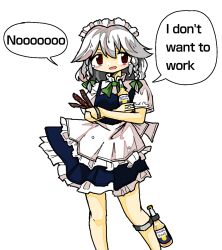 Rule 34 | 1girl, apron, blush, bottle, bow, braid, english text, food, green bow, grey hair, hair bow, holding, holding bottle, holding food, izayoi sakuya, kasuya baian, long hair, looking at viewer, maid, maid apron, maid headdress, open mouth, red eyes, short sleeves, simple background, solo, speech bubble, tears, touhou, twin braids, waist apron, white background, zun (style)