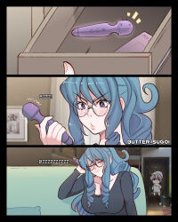 Rule 34 | &lt;o&gt; &lt;o&gt;, + +, 2girls, blue hair, butter sugoi, commentary, couch, drawer, drill hair, glasses, grey hair, half-closed eyes, hallway, highres, hitachi magic wand, long hair, multiple girls, naked towel, original, photo background, purple eyes, sex toy, sidelocks, sitting, towel, towel on head, trash can, vibrator, wet
