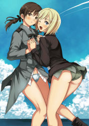 Rule 34 | 2girls, ass, bad id, bad pixiv id, blonde hair, blue eyes, blush, brown eyes, brown hair, cloud, cloudy sky, contrail, day, erica hartmann, garimpeiro, gertrud barkhorn, green panties, hair ornament, hair ribbon, highres, holding hands, looking at viewer, military, military uniform, multiple girls, ocean, one eye closed, outdoors, panties, ribbon, sky, smile, strike witches, twintails, underwear, uniform, white panties, world witches series