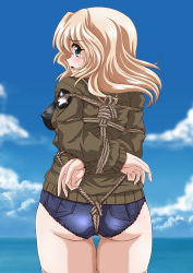 Rule 34 | 10s, 1girl, ass, bdsm, blonde hair, blue eyes, blush, bondage, bound, breasts, covered erect nipples, day, girls und panzer, highres, kay (girls und panzer), looking at viewer, looking back, medium breasts, ocean, open mouth, sahara kazumitsu, short shorts, shorts, sky, solo, standing, tears, thigh gap, thighhighs, white thighhighs