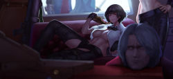 Rule 34 | 2girls, 3boys, black hair, black pants, black shorts, breasts, car interior, chaps, cheese trail, cleavage, couch, dante (devil may cry), devil may cry (series), devil may cry 5, dudeunderscore, food, goggles, goggles around neck, grey eyes, grey hair, grin, hand on own hip, head out of frame, heterochromia, highres, kalina ann (weapon), lady (devil may cry), leather, leather pants, making-of available, mechanical arms, medium breasts, midriff, multiple boys, multiple girls, navel, nero (devil may cry), no bra, open clothes, open fly, open shirt, pants, pizza, prosthesis, prosthetic arm, reclining, red eyes, shirt, short hair, short shorts, shorts, single mechanical arm, smile, solo focus, spoilers, trish (devil may cry), vergil (devil may cry), white shirt