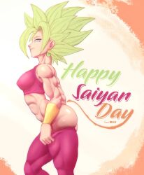 Rule 34 | ass, breasts, clothes pull, crop top, dragon ball, earrings, green hair, highres, jewelry, kefla (dragon ball), leggings, medium breasts, mlix, muscular, muscular female, pants, pants pull, saiyan, teasing, thick thighs, thighs
