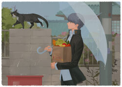 1boy animal bag black_jacket border building bush carrot cat collared_shirt day flower food from_side grey_eyes grey_hair hashtag-only_commentary highres holding holding_bag holding_umbrella jacket long_sleeves male_focus narukami_yuu open_clothes open_jacket outdoors paper_bag parted_lips persona persona_4 pink_flower power_lines rain s_saremi school_uniform shirt solo tomato transparent transparent_umbrella umbrella utility_pole vegetable white_border white_shirt yasogami_school_uniform