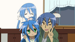 Rule 34 | 00s, 1boy, 1girl, :3, age difference, ahoge, blue hair, brown eyes, family, father and daughter, ghost, green eyes, hand on shoulder, izumi kanata, izumi konata, izumi soujirou, long hair, looking at viewer, lucky star, mole, mole under eye, mother and daughter, photo (object), smile, v, wink