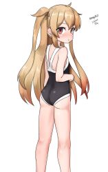 Rule 34 | 1girl, absurdres, ass, black one-piece swimsuit, brown eyes, competition school swimsuit, dated, feet out of frame, from behind, gradient hair, highres, kantai collection, kneepits, light brown hair, long hair, looking at viewer, looking back, maru (marg0613), multicolored hair, murasame (kancolle), murasame kai ni (kancolle), one-hour drawing challenge, one-piece swimsuit, school swimsuit, simple background, solo, swimsuit, twitter username, two side up, white background