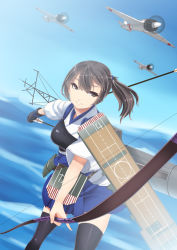 Rule 34 | 10s, 1girl, arrow (projectile), black hair, black thighhighs, bow (weapon), brown eyes, flight deck, hiememiko, japanese clothes, kaga (kancolle), kantai collection, muneate, perspective, side ponytail, skirt, solo, thighhighs, water, weapon, zettai ryouiki