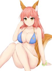 Rule 34 | 1girl, absurdres, animal ears, bikini, blue bikini, breasts, cleavage, collarbone, fate/grand order, fate (series), fox ears, fox tail, hand in own hair, highres, large breasts, long hair, looking at viewer, navel, pink hair, simple background, sitting, smile, solo, swimsuit, tail, tamamo (fate), tamamo no mae (fate/extra), tamamo no mae (swimsuit lancer) (fate), white background, yellow eyes, yuyusuika