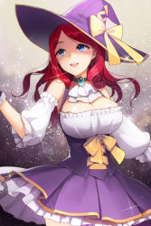 Rule 34 | 1girl, alternate costume, blue eyes, bow, breasts, brooch, choker, cleavage, detached sleeves, frilled skirt, frills, grin, hat, hat bow, jewelry, large breasts, long hair, lowres, open mouth, outstretched arm, parted bangs, pleated skirt, red hair, ribbon, rihanna (sword girls), salt (salty), skirt, smile, solo, sword girls, wavy hair, witch, witch hat