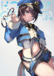 Rule 34 | 1girl, absurdres, blue eyes, blue shorts, bow, brown hair, crop top, cropped jacket, cuffs, english text, grin, hand on own hip, handcuffs, hat, highres, holding, holding handcuffs, hololive, looking at viewer, midriff, navel, oozora subaru, oozora subaru (work), open mouth, petcha the o, police, police hat, police uniform, policewoman, short hair, shorts, sidelighting, smile, solo, stomach, suspender shorts, suspenders, tomboy, uniform, virtual youtuber, white background