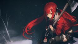 Rule 34 | 1girl, axe, bell, branch, closed mouth, collar, cz75 (girls&#039; frontline), cz75 (winter forager) (girls&#039; frontline), girls&#039; frontline, gloves, hair ornament, hairclip, hara shoutarou, jacket, knee pads, long hair, neck bell, official alternate costume, red eyes, red hair, red jacket, sitting, snow, snowing, solo, stuffed animal, stuffed toy, teddy bear, torn clothes, twintails