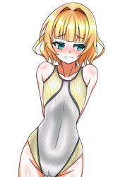 Rule 34 | 1girl, aqua eyes, arm behind back, blonde hair, blunt bangs, commentary request, competition swimsuit, cowboy shot, embarrassed, flat chest, gochuumon wa usagi desu ka?, kirima syaro, looking to the side, one-piece swimsuit, short hair, simple background, solo, standing, striped clothes, striped one-piece swimsuit, swimsuit, wavy hair, wavy mouth, white background, white one-piece swimsuit, yurizuku owl