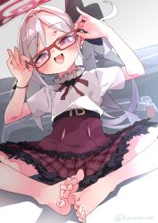 Rule 34 | 1girl, absurdres, barefoot, blue archive, blush, fang, feet, flower, glasses, hair flower, hair ornament, halo, highres, koyansuee, long hair, looking at viewer, mutsuki (blue archive), open mouth, purple eyes, red skirt, shirt, short sleeves, silver hair, sitting, skin fang, skirt, solo, toes, white shirt