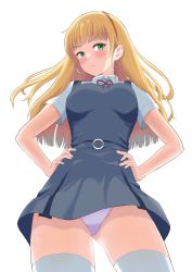 Rule 34 | 1girl, absurdres, akiyama sii, blonde hair, blush, breasts, closed mouth, dress, from below, green eyes, hairband, hands on own hips, heanna sumire, highres, large breasts, long hair, looking at viewer, love live!, love live! superstar!!, panties, pinafore dress, pink panties, school uniform, shiny skin, simple background, sleeveless dress, solo, thighhighs, underwear, upskirt, white background, white thighhighs