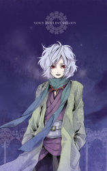 Rule 34 | androgynous, blue hair, english text, gender request, green scarf, japanese clothes, last c, night, night sky, original, outdoors, red eyes, scarf, short hair, sky, solo, standing, star (symbol), yukimichi (nieko)