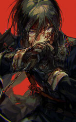 Rule 34 | 1boy, armor, black hair, black jacket, blood, blood on clothes, blood on face, blood on hands, blood splatter, bloody weapon, hand to own mouth, hands up, highres, holding, holding knife, holding weapon, jacket, japanese clothes, jhm xyz, knife, lace, looking at viewer, male focus, military jacket, military uniform, purple eyes, red background, short hair, shoulder armor, touken ranbu, uniform, weapon, yagen toushirou