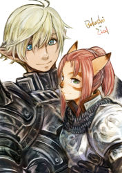 Rule 34 | 00s, 1boy, 1girl, animal ears, armor, blonde hair, blue eyes, cat ears, character name, doraeshi, elf, elvaan, facial mark, final fantasy, final fantasy xi, green eyes, high ponytail, highres, looking at viewer, mithra (ff11), pointy ears, red hair, slit pupils, smile, upper body